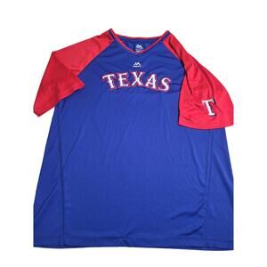 2677 Majestic Men's Royal/Red Texas Rangers City Rep‎ Closer Raglan V-Neck XL